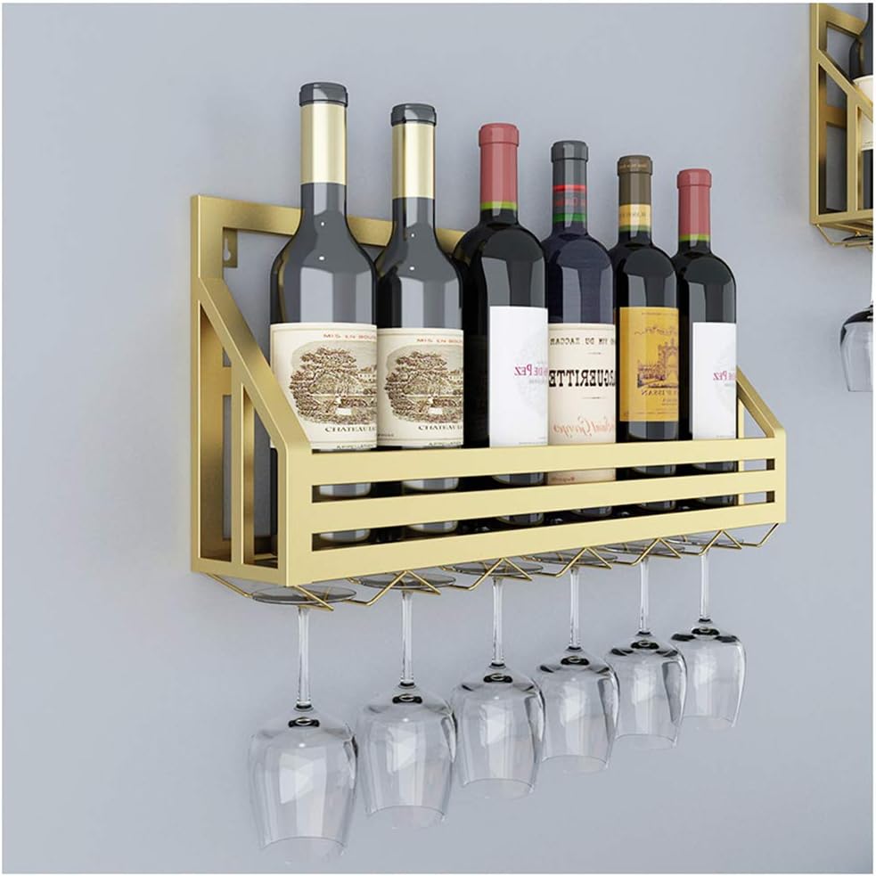 Hanging Wine Rack Wall Mounted Wine Rack, Metal Wine Bottle & Glass Holder, Holds 6 Bottles, 6 Glasses, Wine Shelf for Bar/Kitchen/Cabinets Wine Bottle Holder/Gold