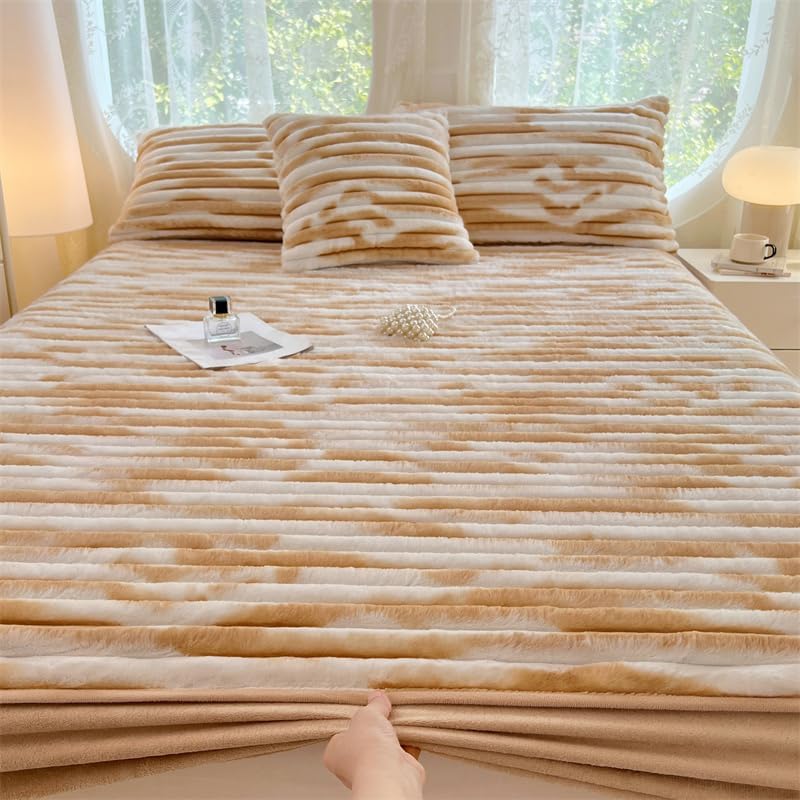 Fuzzy Faux Rabbit Fur Stripe Bed Sheet,Soft Fluffy Mattress Protector Thick Bed Cover, Milk Velvet Stripe Bedding Fitted Sheet Twin/Queen/King Size (Milk Coffee, California King（ 79"x86"/200 * 220cm)