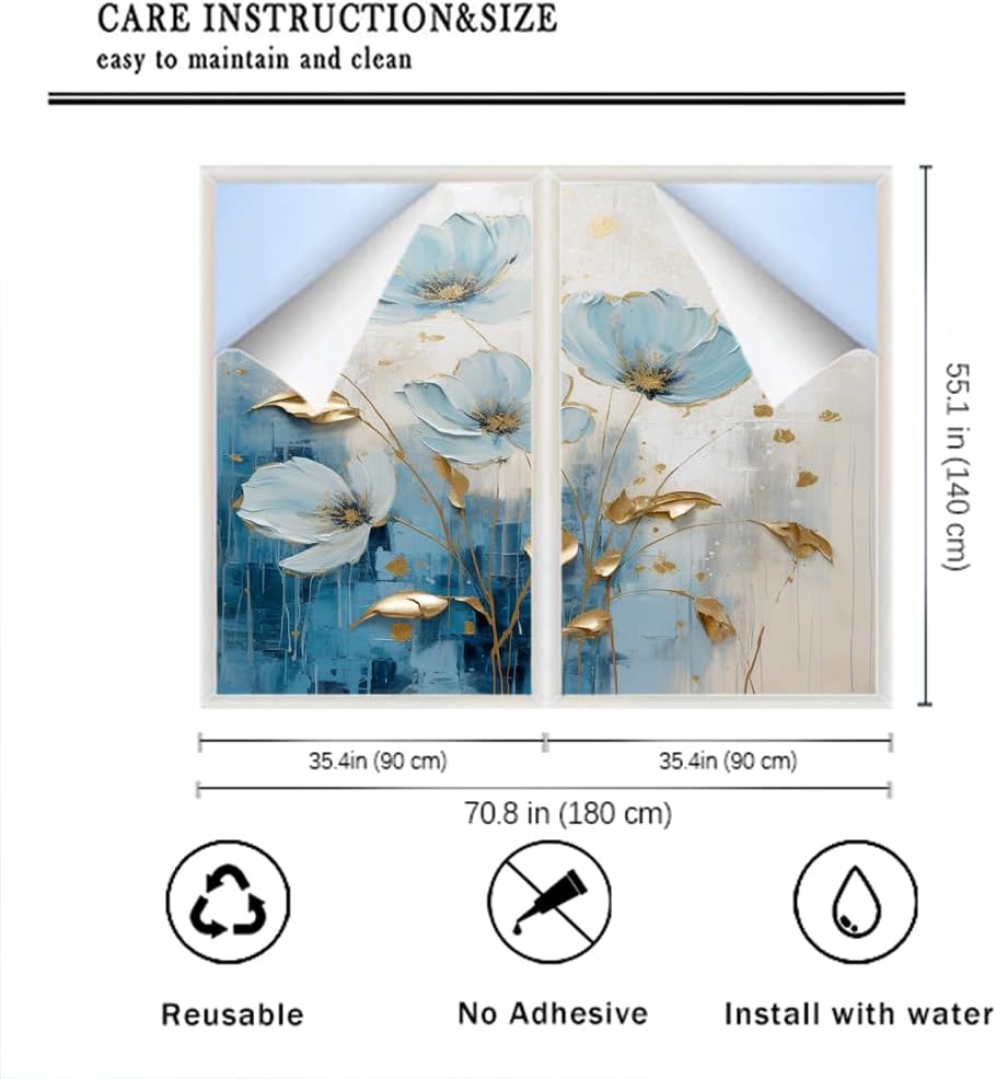 Minimalist Plants Window Film Coverings White Painting Gold Leaf Modern Window Privacy Film Self-Adhesive Glass Film Decorative Sticker Frosted Film for Home Office 35.4Wx55.1L-inch x2 Pcs