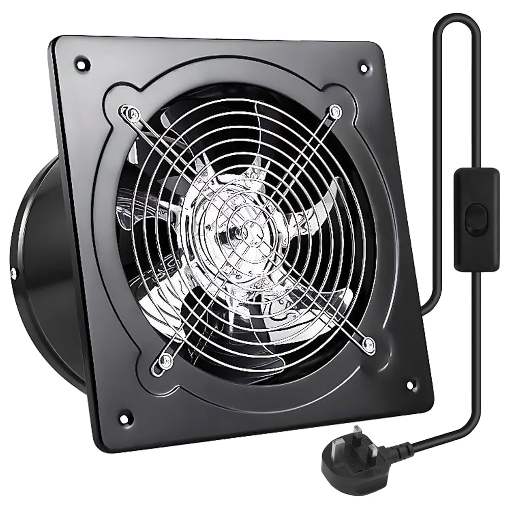 Jonuin 4 Inch/100 mm Extractor Fan, Black Kitchen Exhaust Fan, 140m³/h Metal Extractor Fan with UK Plug, Low Noise Stainless Steel Ventilation Fan for Kitchen Bathroom Restaurant Warehouse