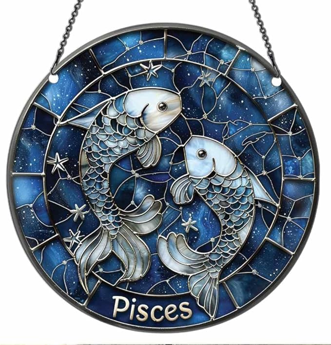 Pisces Ornaments Decor for Window Hanging, Pisces Gifts for Women Men, Zodiac Sign Home Wall Room Hanging Christmas Decorations, Flat 2D Acrylic Ornament