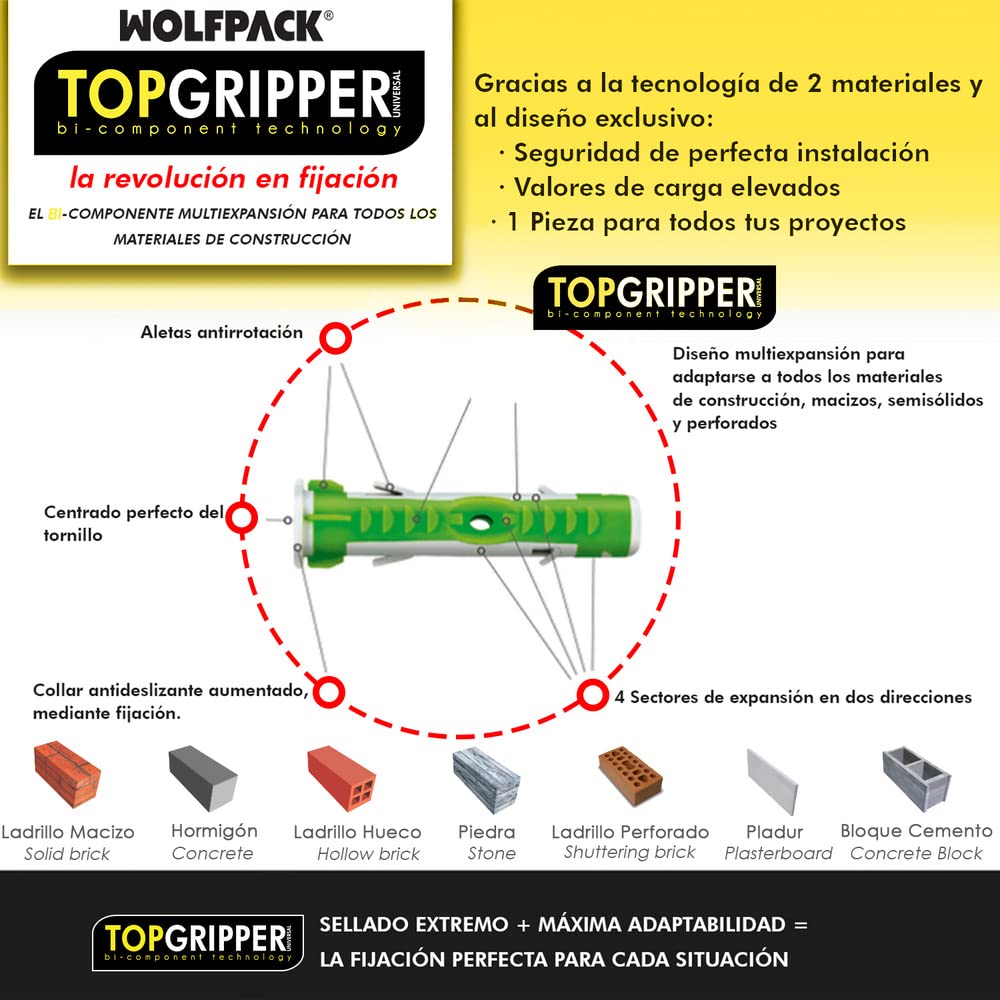 WOLFPACK LINEA PROFESIONAL - Cubo Tacos Topgripper Bimaterial Con Tornillos Ø 6 mm. 250 Piezas Taco Anclaje Universal, Taco Hormigon, Taco Pladur
