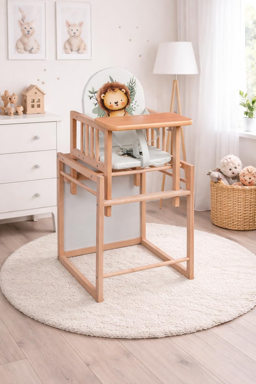 Chaise haute 2en1 BASIC – Chaise enfant avec fonction table | compacte & peu encombrante | bois de hêtre | 3 designs (Naturel Lion)