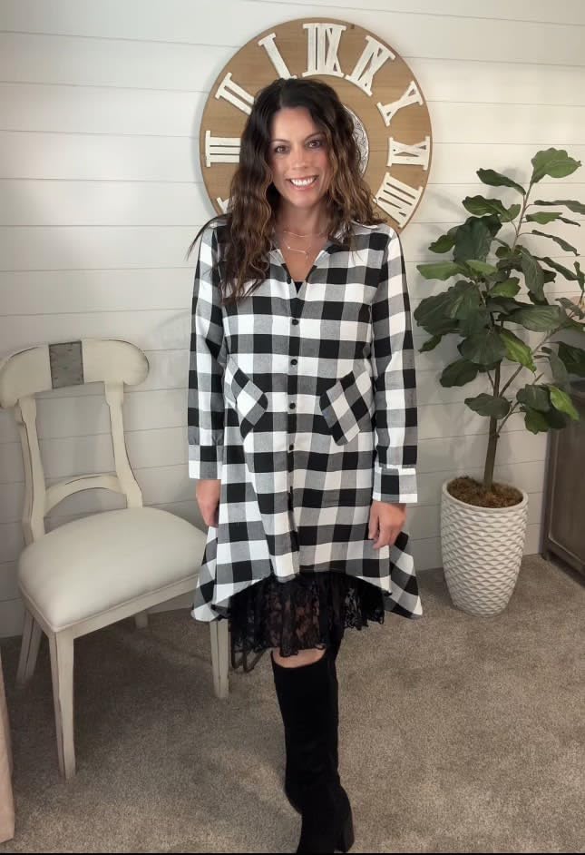 olrain Womens Plaids V Neck Long Sleeve Irregular Hem Casual Shirt Dress - Image 3