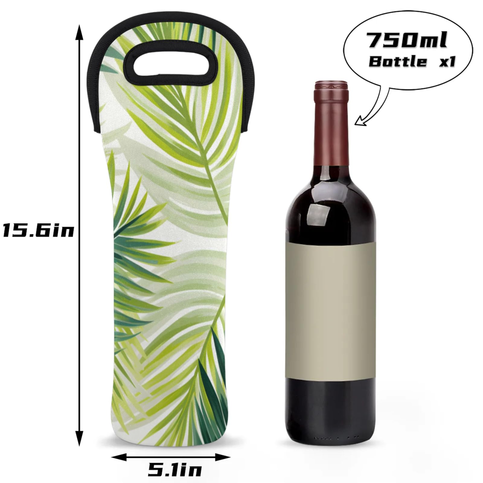 Neoprene Wine Tote Carrier Bag for Wine,Water, Champagne, Beer, Baby Bottles 15.6 x 5.1 Inches, Protective Wine Bag,Green Plants