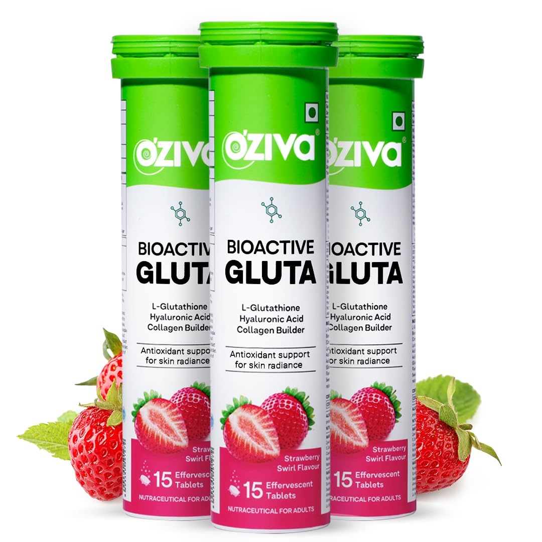 OZiva Bioactive Glutathione Tablets for Radiant Skin - 45 Effervescent Tablets (Pack of 3) | L-Glutathione, Hyaluronic Acid, Lycopene, Vitamin C for Skin Glow & Anti-Pigmentation | Strawberry Swirl