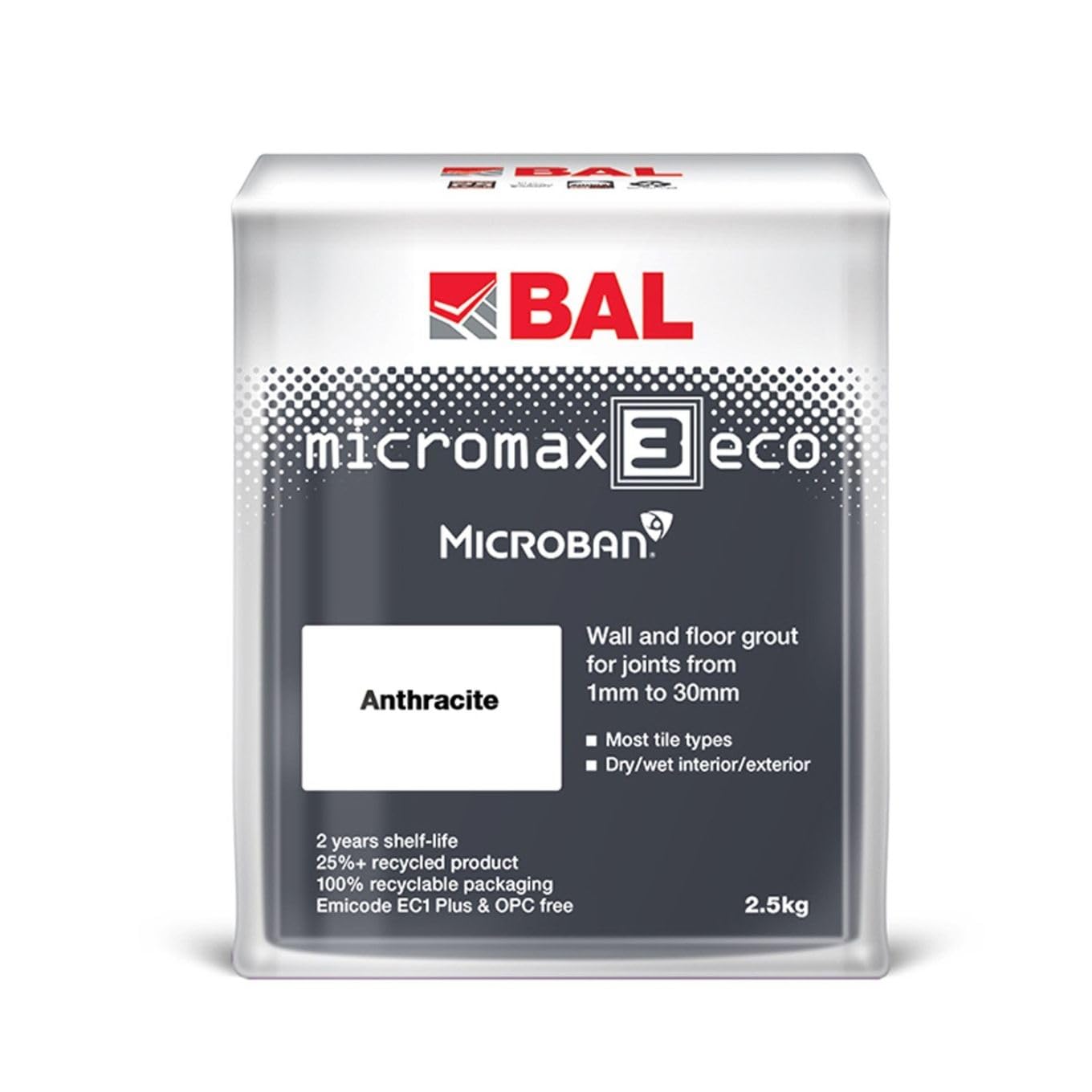 Bal Micromax3 Eco Grout Wall & Floor Grout, Rapid Set, Antimicrobial, Suitable For Interior & Exterior 2.5KG Bag - Anthracite