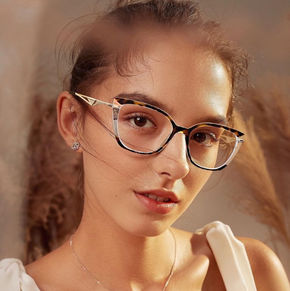 Image of Tortoise & Clear Acetate Cat-Eye Blue Light Blocking Glasses - Geometric Metal Temples with Art Deco Accents, Screen Protection for Work /Gaming, Fashion-Forward Eyewear Accessories (Unisex)