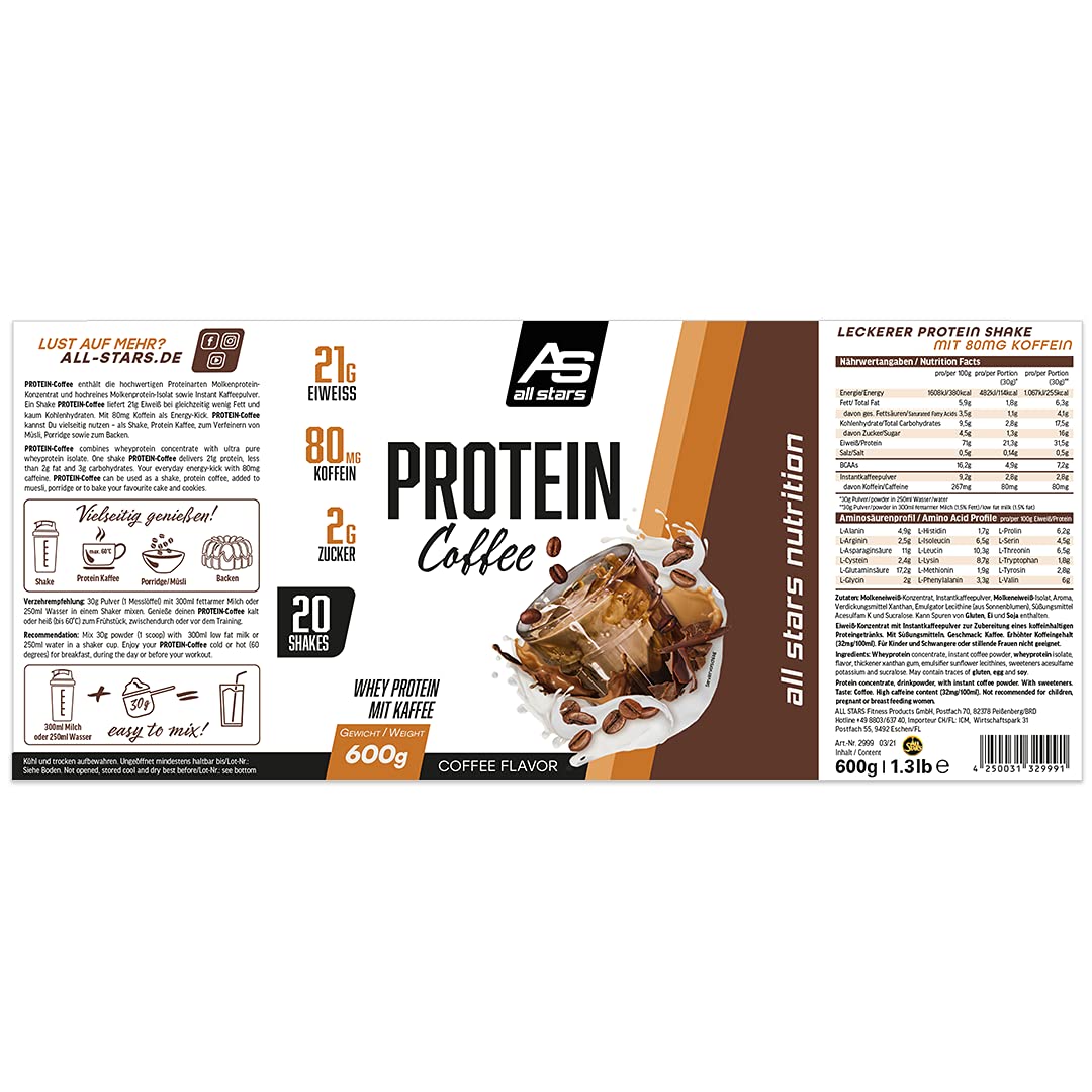 ALL STARS Protein Coffee 600g - Kaffee Proteinpulver mit 21g Eiweiß pro Portion und 80mg Koffein, Hochwertiger Aminosäuren Komplex, Zucker- und fettarm