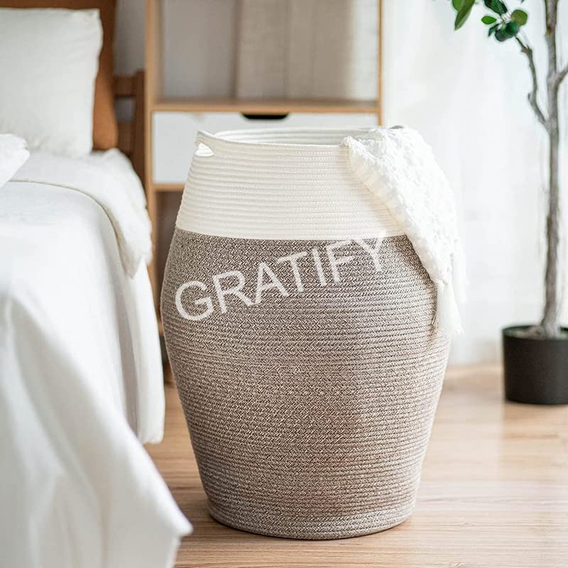 Image of GRATIFY Tall Laundry Hamper | Woven Jute Rope Dirty Clothes Hamper Modern Hamper Basket Large in Laundry Room, (Mix White 18x 16 Inch)