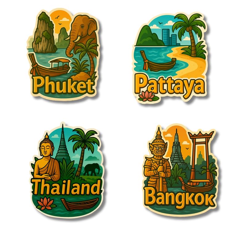 Regalo Casila Thailand Fridge Magnet Set 4 Piece Souvenir Gift for Tourists Bangkok Phuket Pattaya Fridge Magnet for Kitchen Office Travel Keepsake Home Decor-image-43