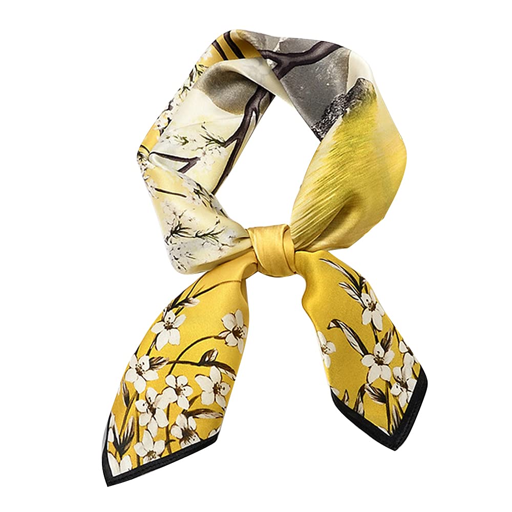 MEISEE 100% Pure Mulberry Silk Square Scarf 27"'x27-70CM Head Scarf for Women Natural Silk Neckerchief Printed Headscarf, Yellow Tree Flower