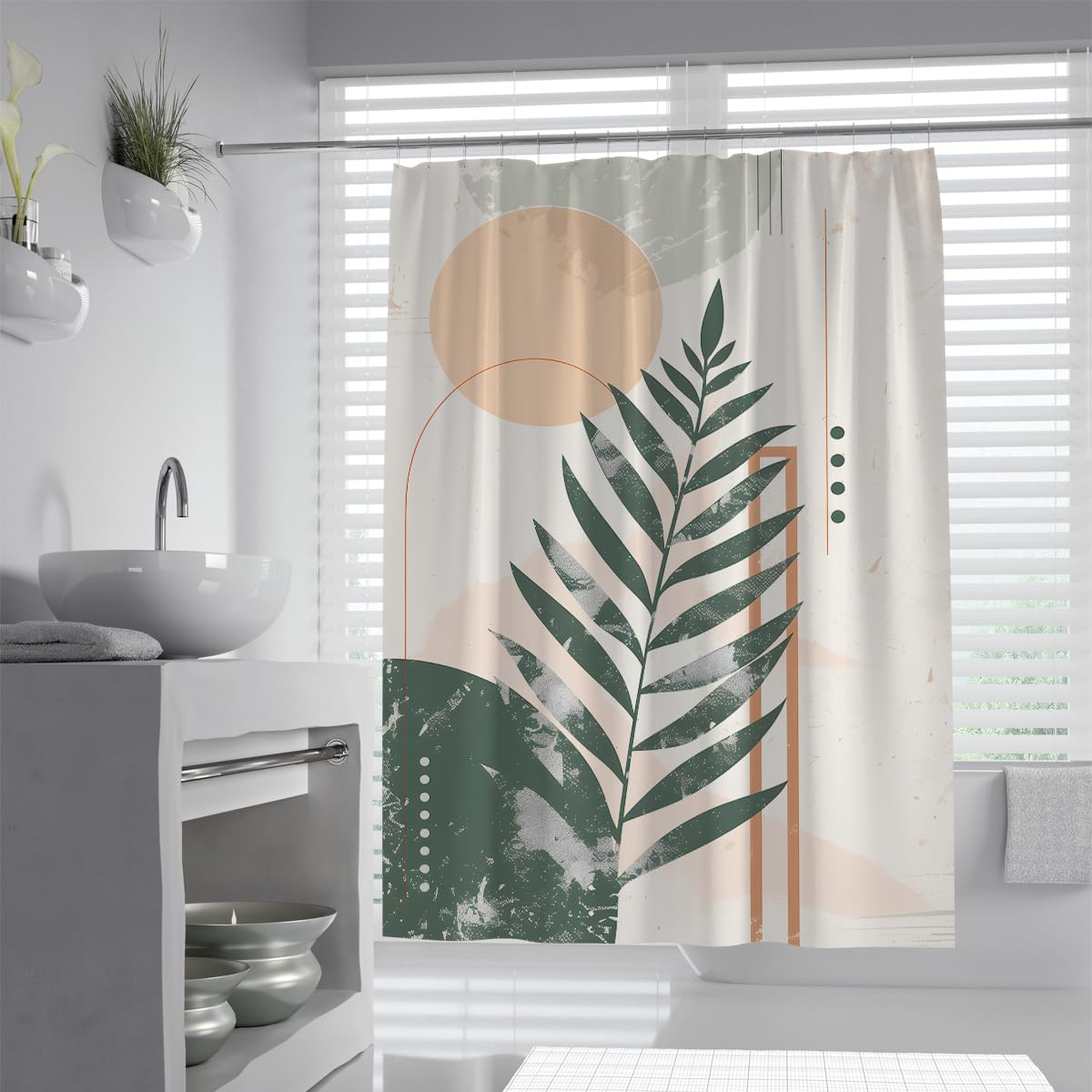 UIRINGART Boho Shower Curtain W180xL200cm Green Foliage Terracotta Circle Art Machine Washable Easy To Clean Polyester Fabric Lightweight Bathroom Bathtub Curtains