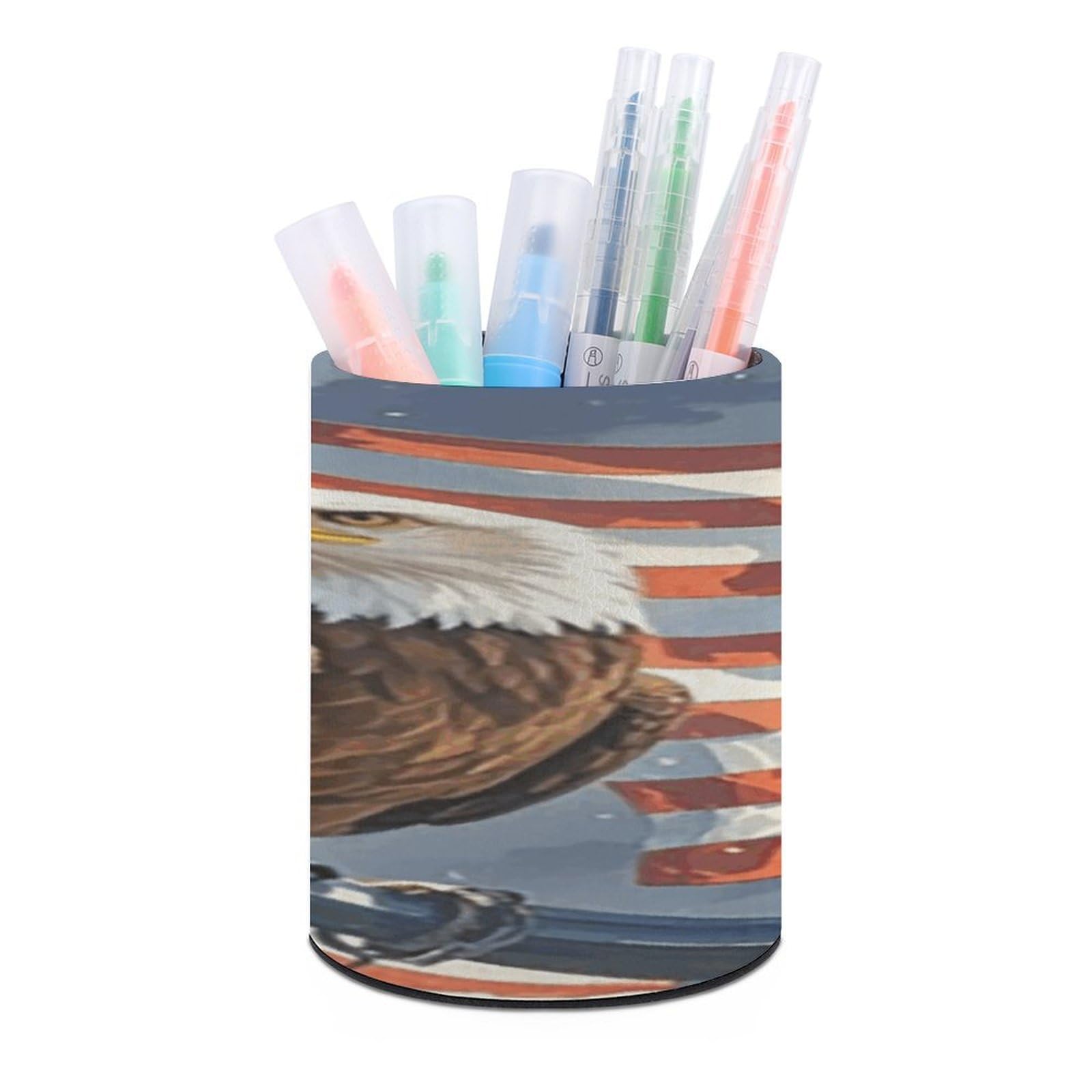 FekiLoot PU Leather Round Pen Holder America Flag And Eagle Pencil Holder Desk Organizer Pen Organizer Pen Cup Pencil Cup Caddy Desktop Stationery Organizers for Office Home Supplies