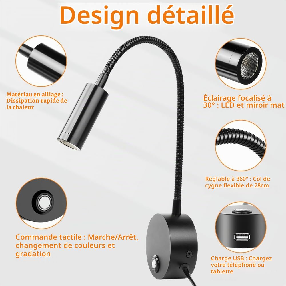 HOTUT Lampe de lecture murale, LED Col de Cygne Lumière avec interrupteur tactile et port de chargement USB,Liseuse murale, lampe de lecture à intensité variable, Applique Liseuse Orientable à 360 °