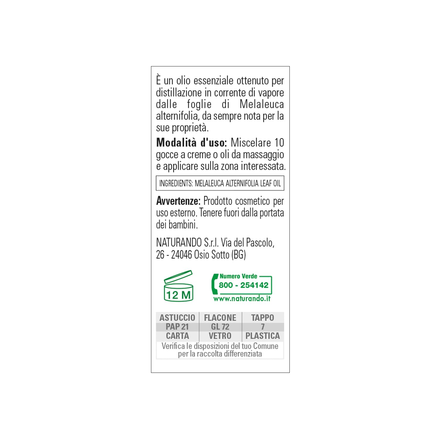 Naturando Tea Tree Oil 10 ML Puro Olio 100% di Melaleuca Alternifolia