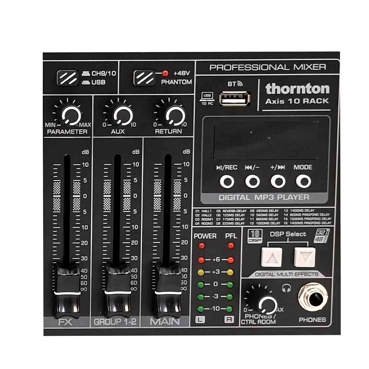 Thornton Axis 10 Rack - Mixer rack con USB, effetti, Bluetooth e lettore MP3, 6 canali con preamplificatore microfono e 2 canali stereo