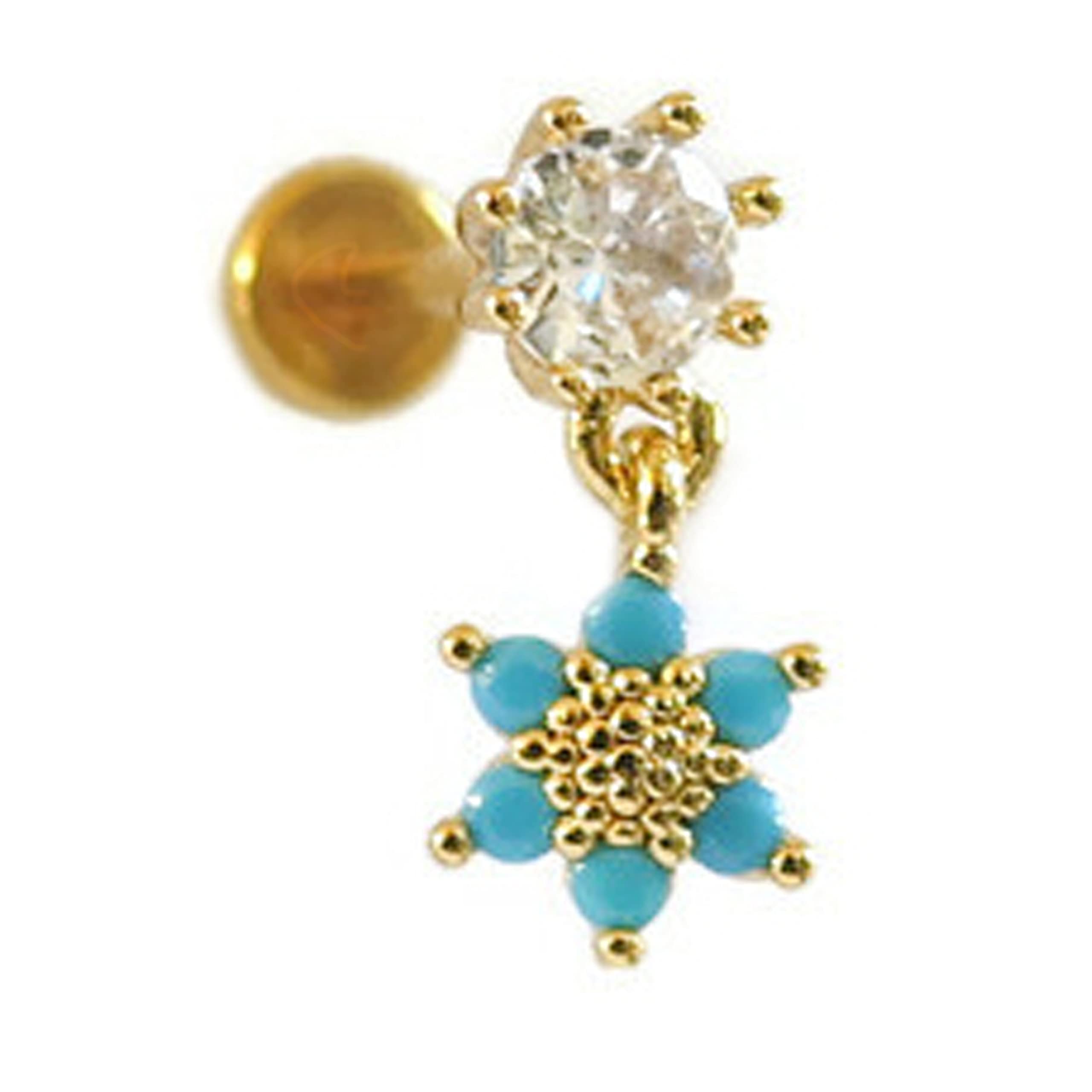 Single Piece Sterling Silver Sunflower 18 Gauge Flat Back Labret Cubic Zirconia Gemstone Dangle Stud Earring Hand Made In USA (Turquoise, Real 18K Gold Plated)