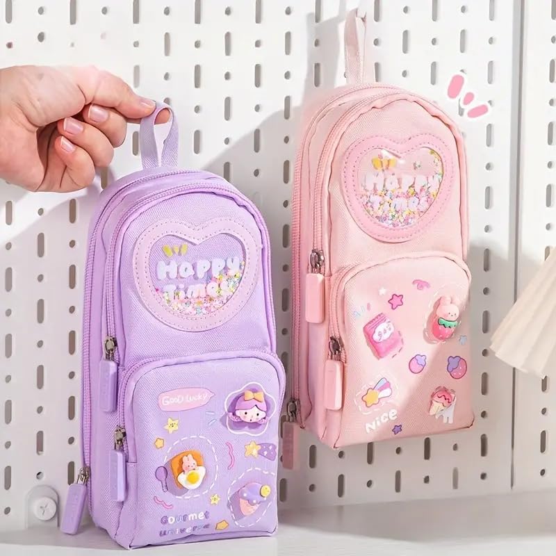 Image of Canvas School Bag Pencil Case, 3 Layer 6 Compartment Large Capacity, Aesthetic Pencil Pouch for Stationary, Cute Stationery for Kids, Pencil Case for Girls & Boys (Happy Time Combo)