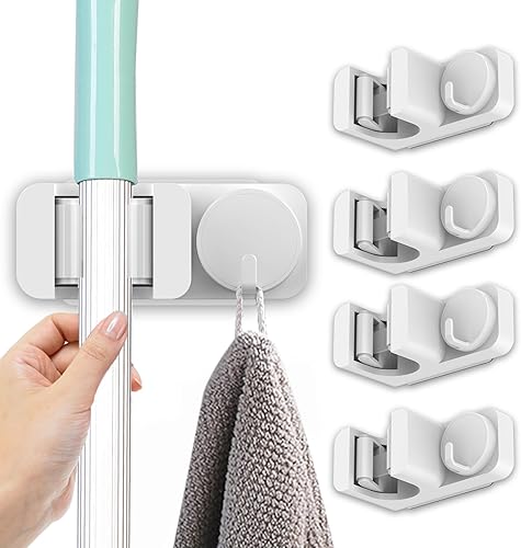 Ganchos utilitarios para escobas y trapeadores, paquete de 4, soporte de pared autoadhesivo para baño, cocina, garaje, lavandería, almacenamiento,
