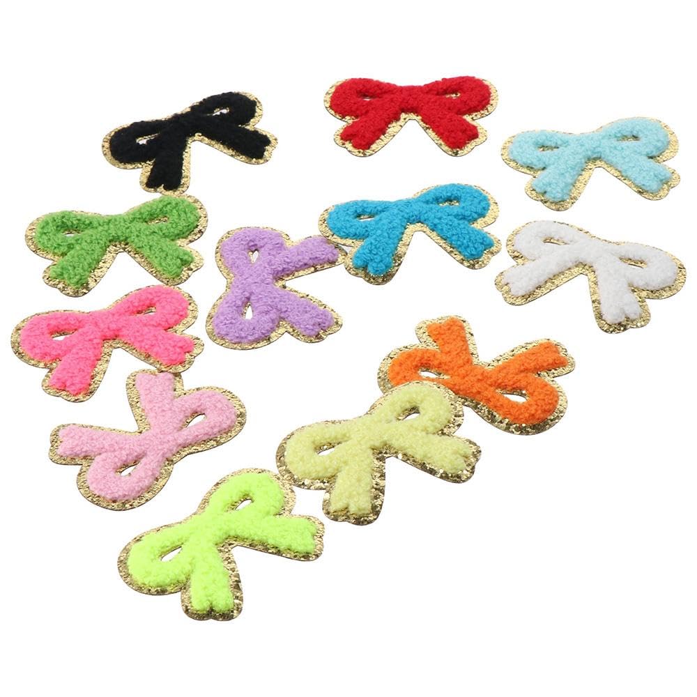 12 PCS Colorful Bow Patches With Gold Edges - Iron On Or Sew On Embroidered Appliques