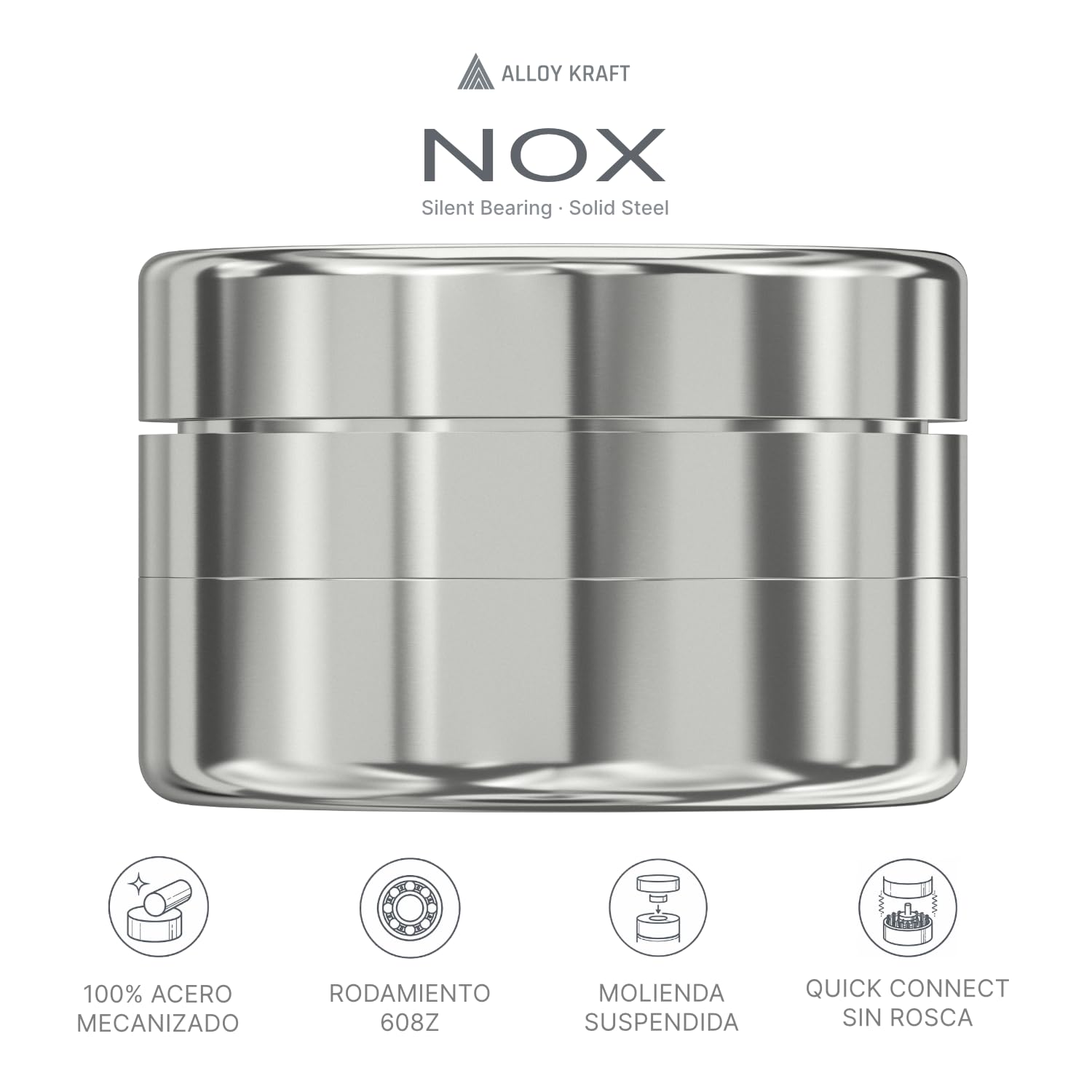 NOX Grinder aus Edelstahl, Präzisionslager 608Z, Quick Connect-System, 62 mm, 3 Teile, 490 g, Mühle für getrocknete Kräuter und Gewürze