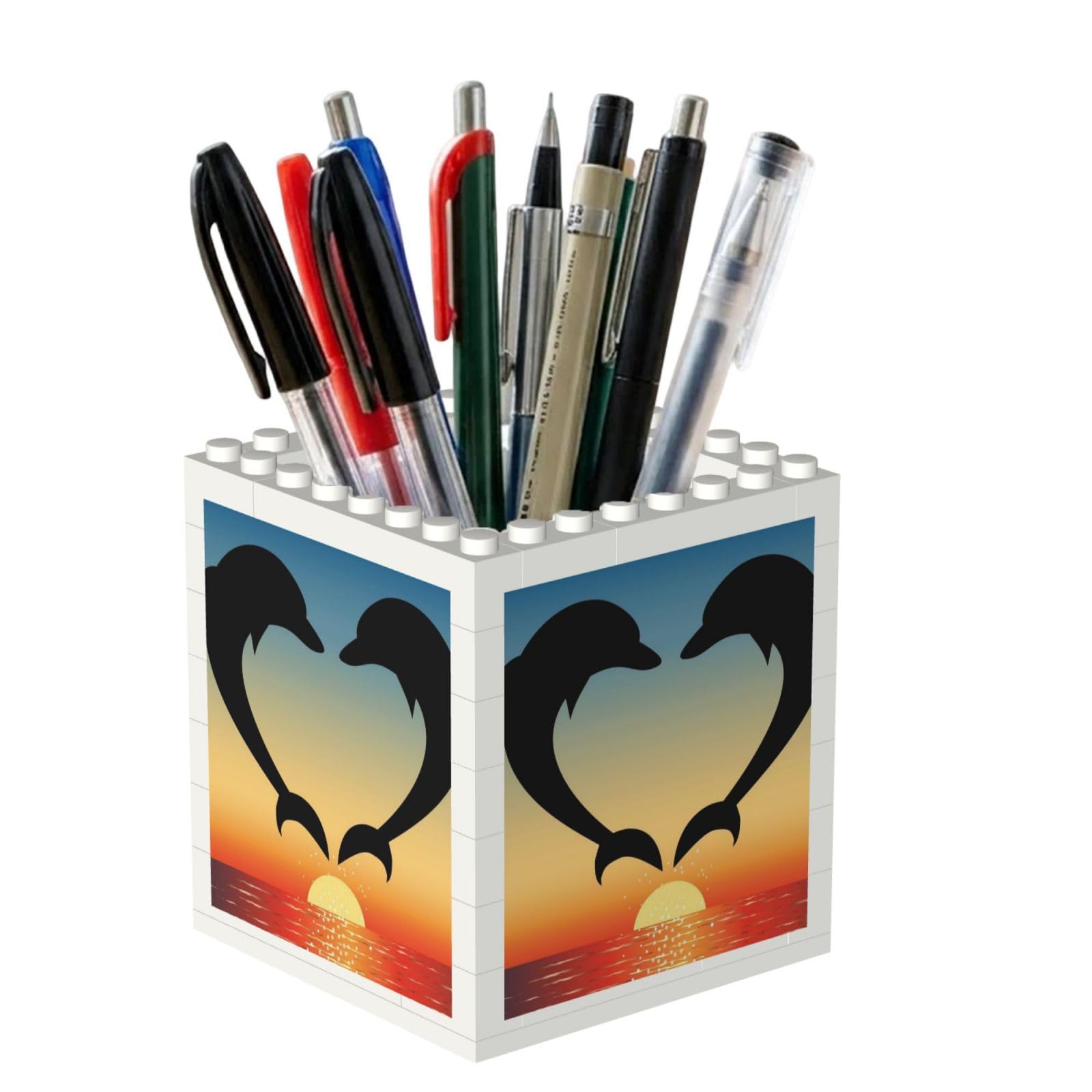 Poadnly Two Dolphins Jumping Shaped Heart, Pen Pot Pencil Holder for Office Home School, Compact Desk Organiser for Office Stationery