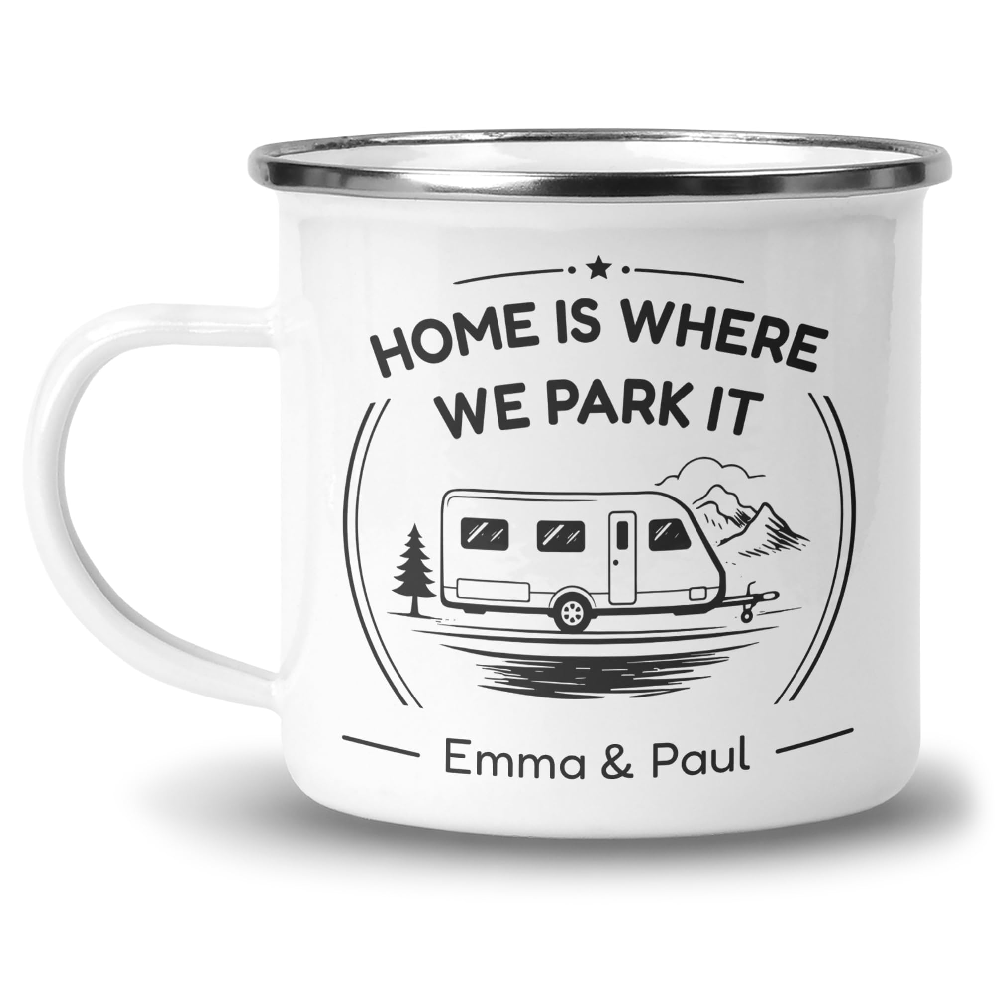 Chicken Craft Personalised Caravan Enamel Mug with Name - Grey Home is Where We Park It Single Axle Gift
