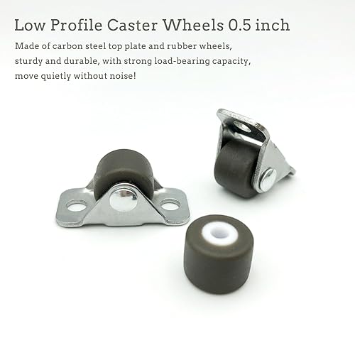 Miniatura 7 de WANLIAN Mini ruedas fijas de 0.5 pulgadas, juego de 8 ruedas pequeñas de goma de perfil bajo, placa superior de metal con autoadhesiva para muebles,