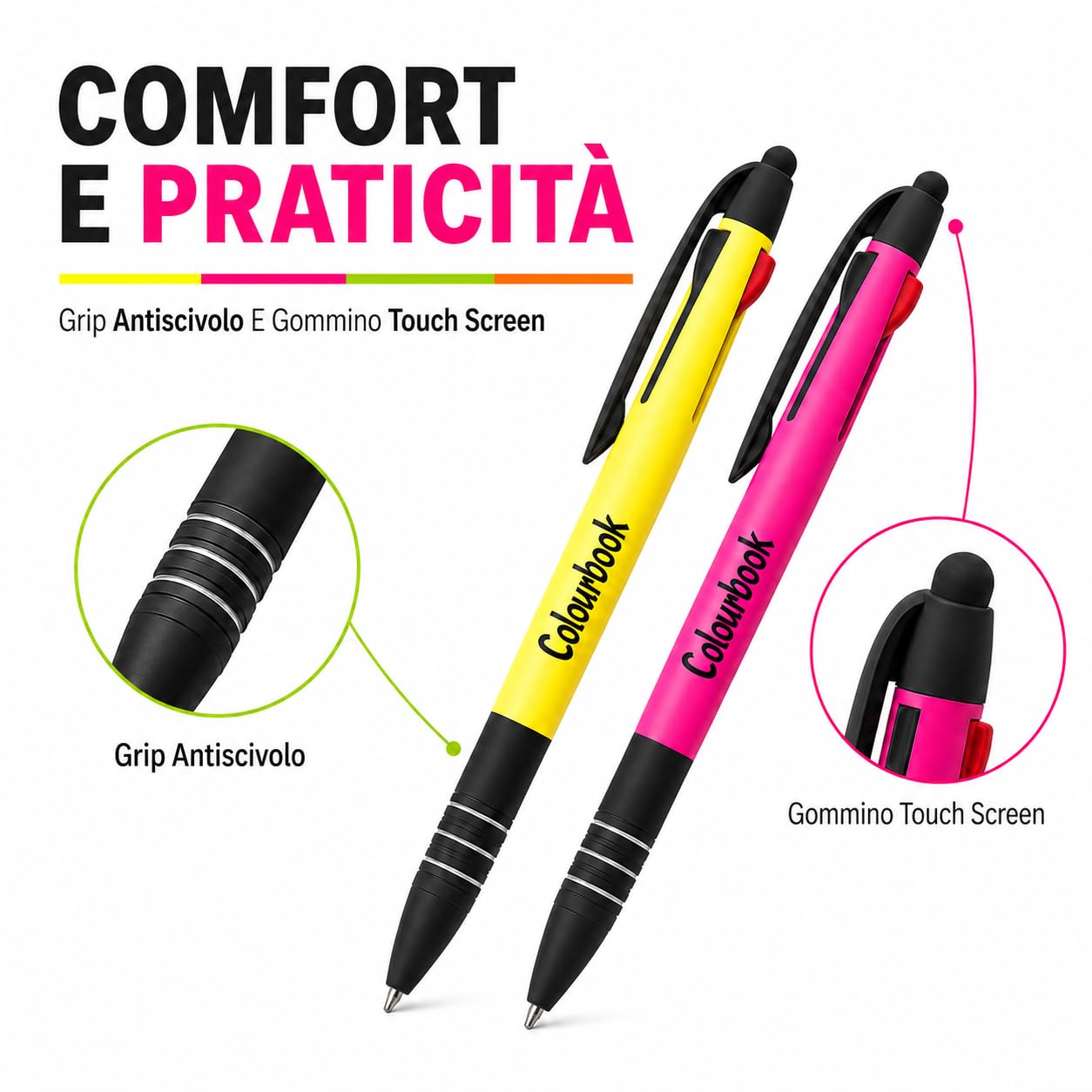 Colourbook Set 40 Penne Multiscatto 3 Colori Con Touch Screen, Penne A Sfera Punta 1 Mm Nero Blu Rosso, Fusto Fluo Assortito, Grip Antiscivolo, Penne Ufficio Scuola