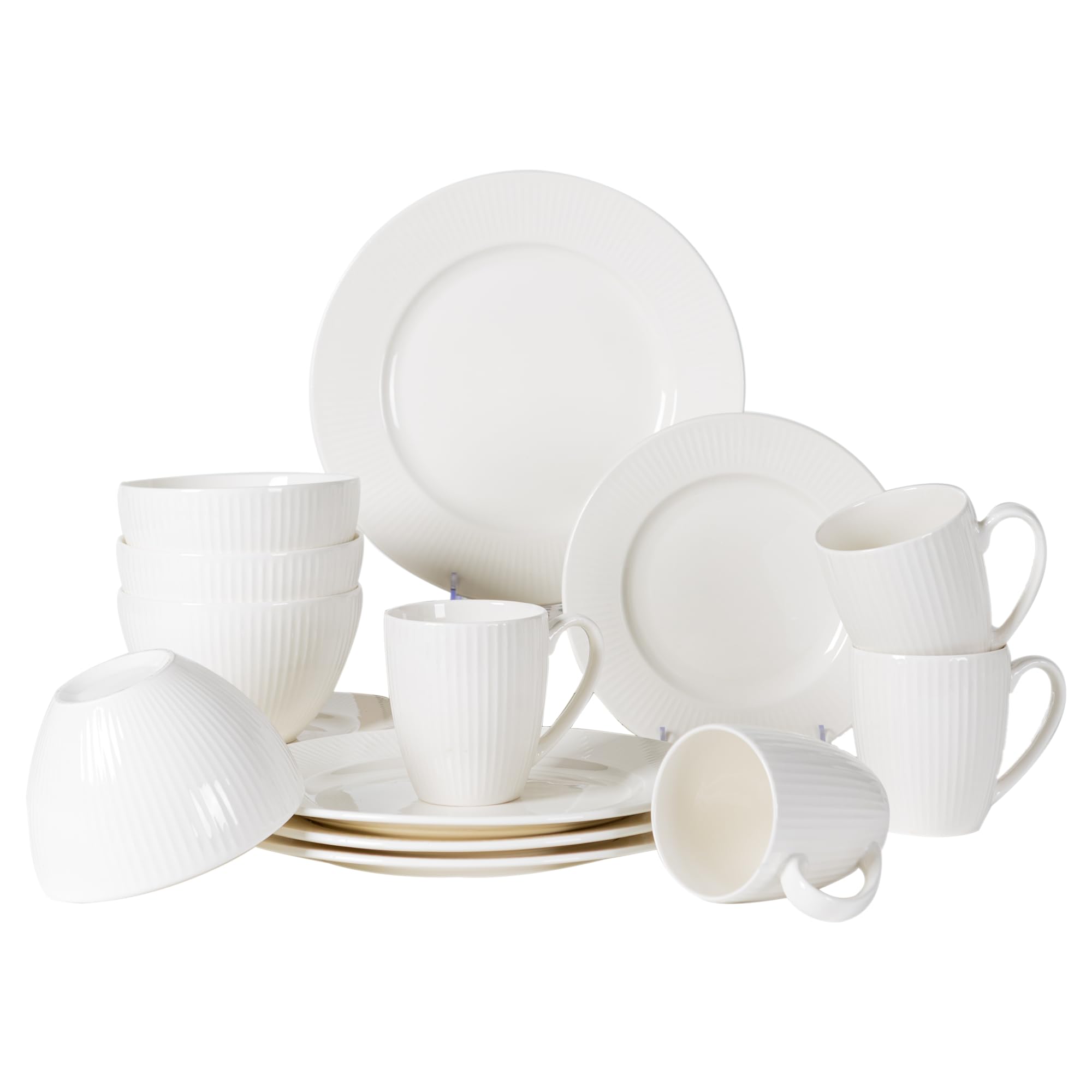Elegant White Porcelain Dinnerware– 16-Piece Kitchen Tableware Includes 10.5-Inch Plates, 8-Inch Plates, 6-Inch Bowls, and 360cc Water Glasses – Dishwasher and Microwave Safe, Modern Vertical Stripe