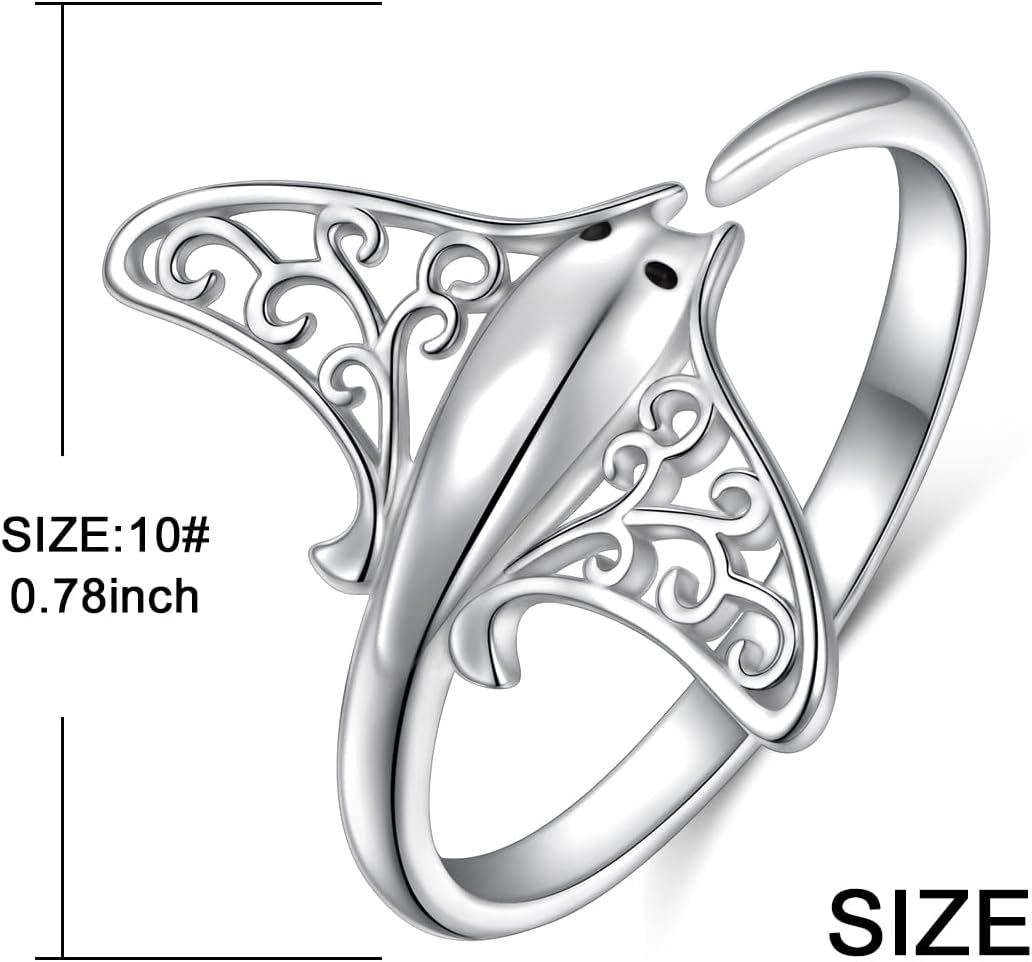 Ladytree S925 Sterling Silver Stingray Sea Animal Open Ring Manta Ray Tree of Life Adjustable Bypass Nature Ocean Ring - Image 7