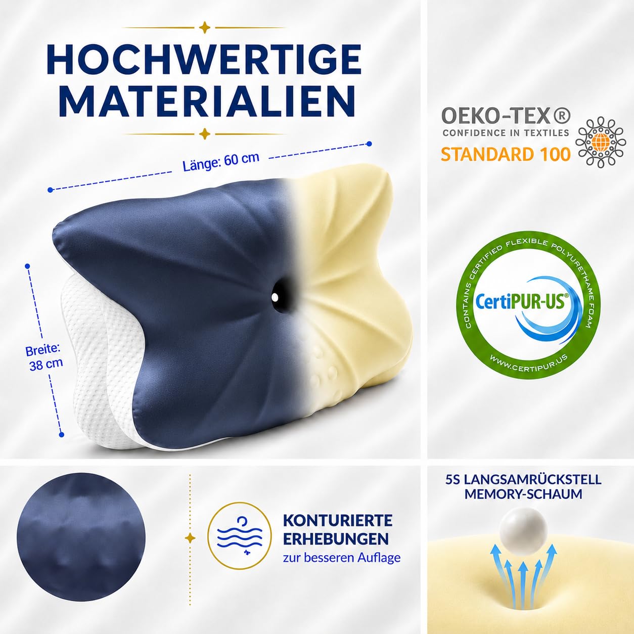 Ergonomisches Kopfkissen - Zwei Höhen Seitenschläferkissen mit Kühlender Eisseide-Bezug, OEKO-TEX® Zertifiziert Memory Foam Nackenkissen für Seiten, Rücken & Bauchschläfer, Mitternachtsblau-Weiß