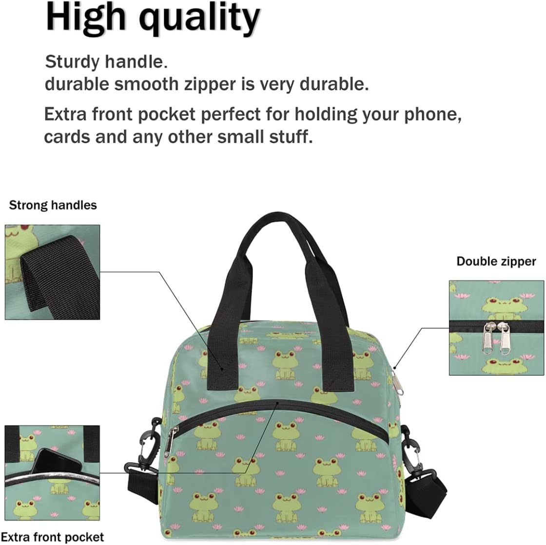 Insulated Lunch Bag Women Men Cute Frog Large Reusable Lunch Box Leakproof Lunch Tote Bag Cooler Bag with Adjustable Shoulder Strap Travel Picnic Work Beach