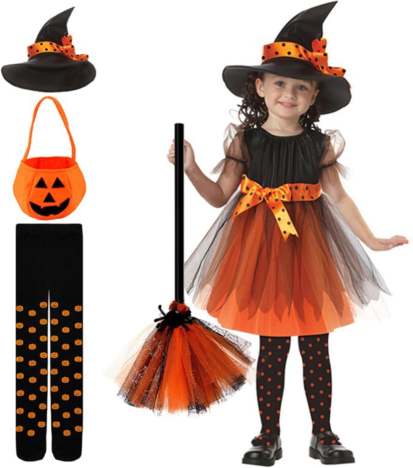 TiokkssHalloween Costumes for Kids Girls Halloween Cosplay Witch Costume Teens Baby Girl Gown Witch Dress Clothing Set Hat Pumpkin Bag Pantyhose Broom