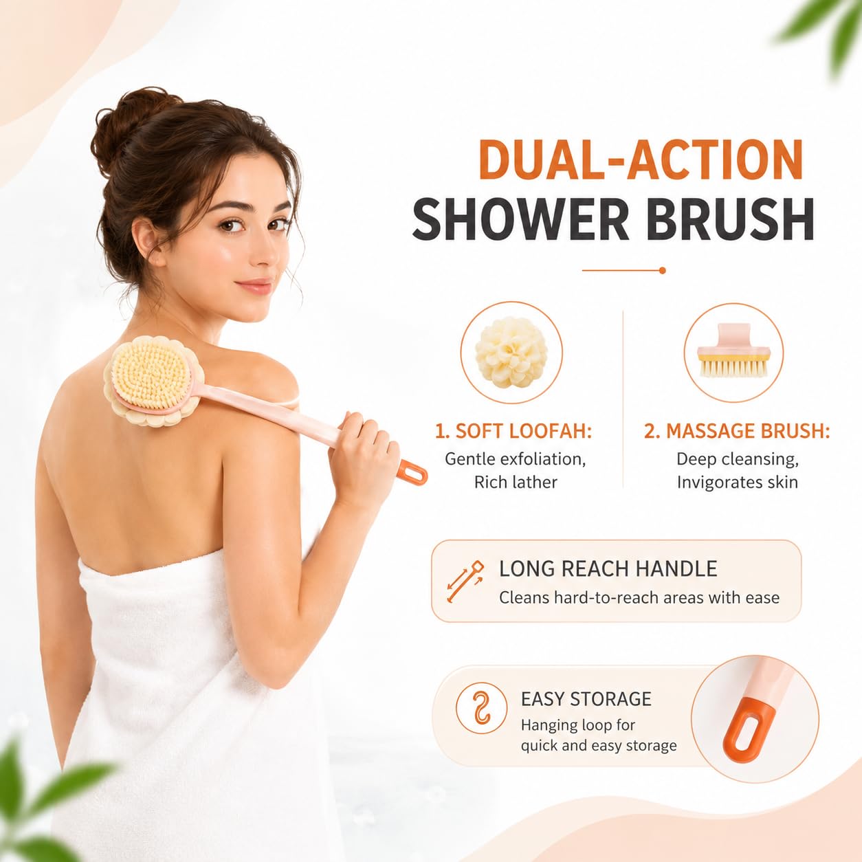 STOFFIER GARTEN 2-in-1 Body Bath Brush for Shower with Long Handle, Soft Bristles & Loofah Back Scrubber for Men & Women, Exfoliating Massage Brush for Deep Cleansing, Dead Skin Removal & Smooth Glowing Skin 4