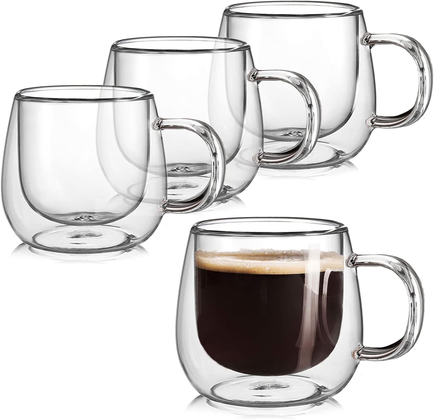 350 ML Double Walled Glass Coffee Mugs with Handle, Clear Cappuccino Glass Mug Set of 4, Insulated Layer Coffee Cups, Clear Borosilicate Glass Mugs, Glasses Espresso Mugs for Coffee