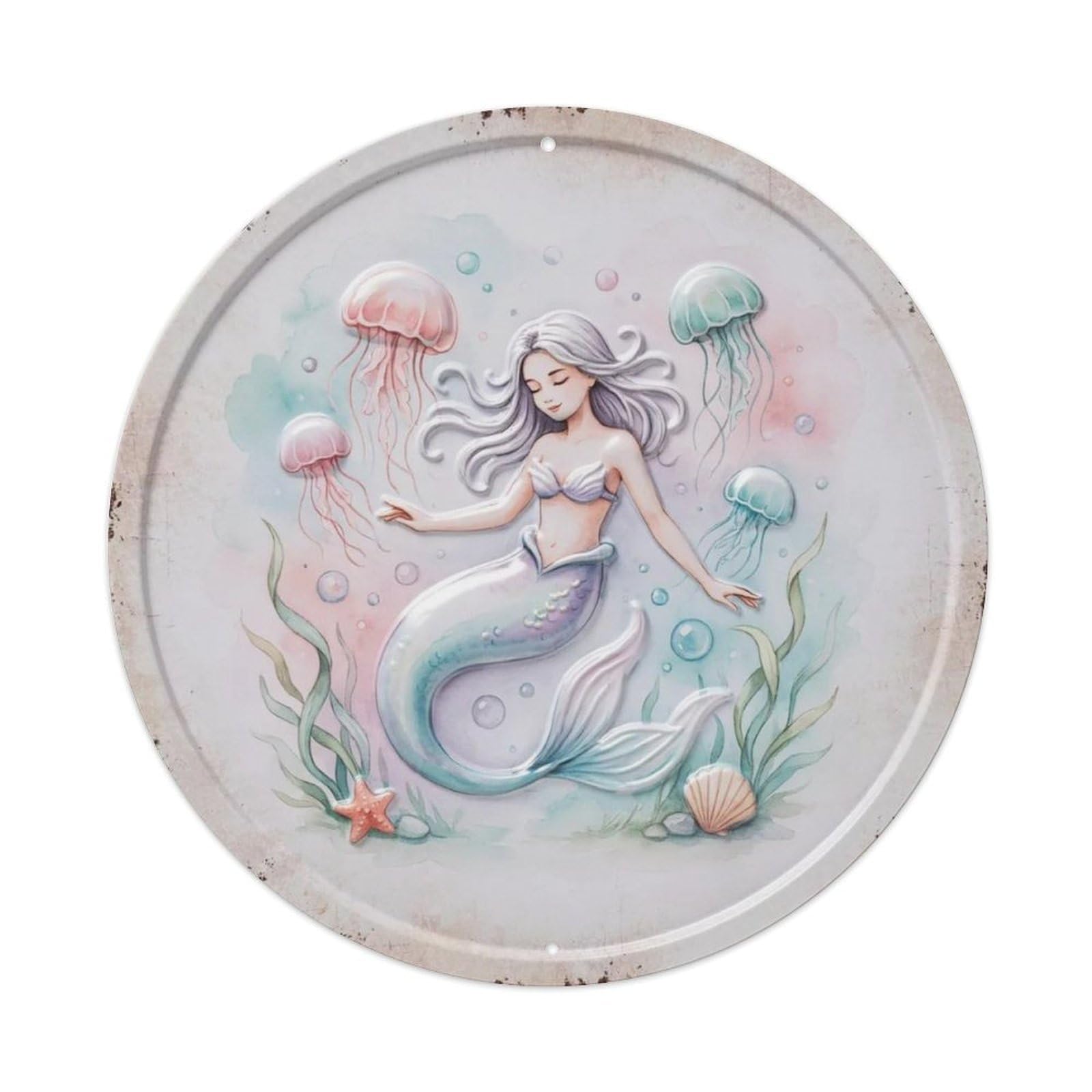 Tropical Sunset Mermaid 3D Round Metal Tin Sign Plaque