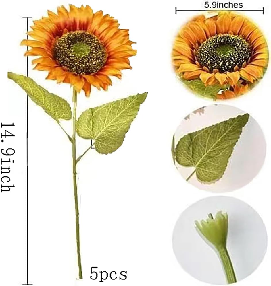 5pcs Artificial Sunflowers Vintage Fake Silk Sunflowers Fake Sunflowers Bouquet Large Sunflowers Decor for Home Hotel Office Wedding Party Garden(Orange) - Image 2
