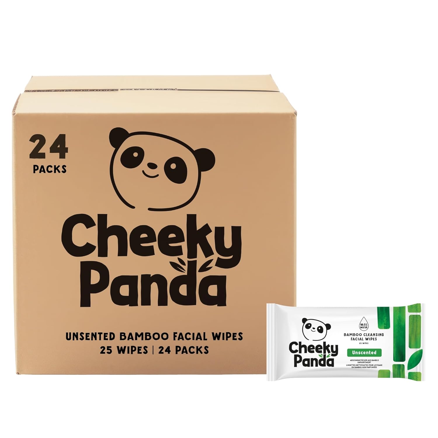 The Cheeky Panda Face Cleansing Wet Wipes Bulk Pack | 24 Packs of 25 Flushable Makeup Remover Wipes Unscented | Biodegradable Facial Wipes