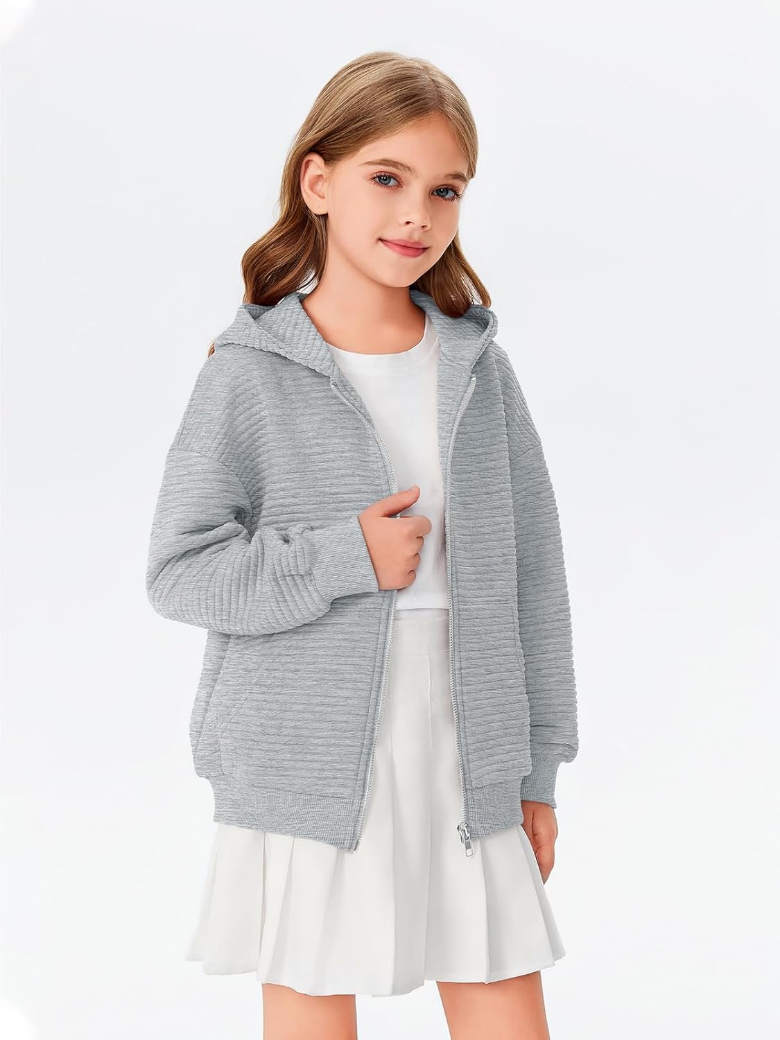 Haloumoning Girls Zip Up Hoodie Kids Fashion Oversized Textured Sweatshirt Jacket with Pockets 5-14 Years - Image 3