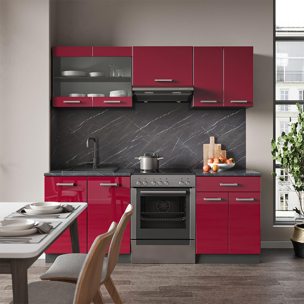 Vicco Cuisine R-Line, Rouge Brillant/Anthracite, 200cm | 5 Modules · Pieds réglables en hauteur · Sans plan de travail · Façades robustes · Avec armoire vitrée
