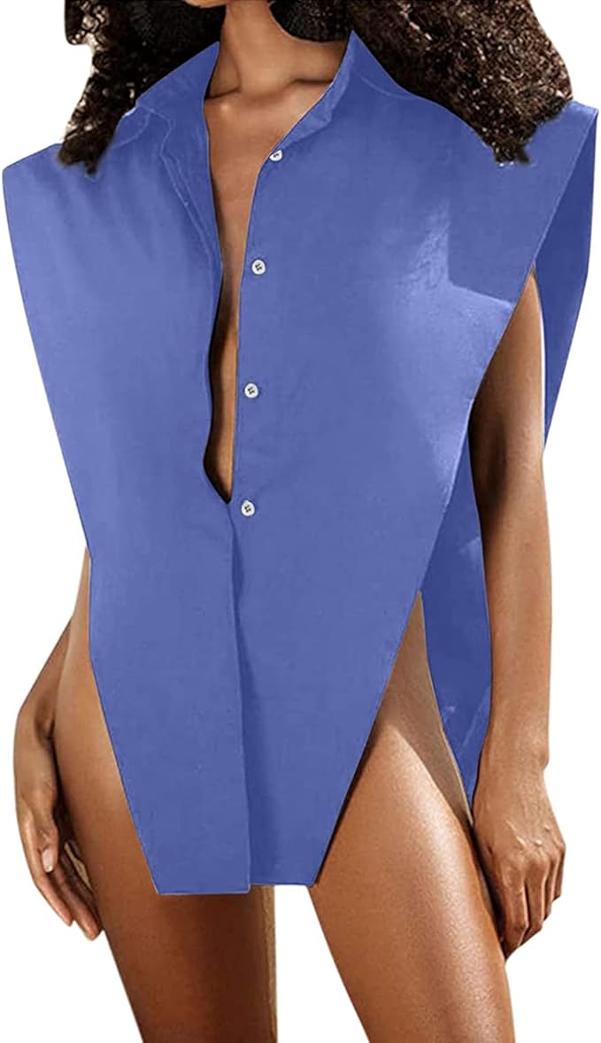 Women Y2k Button Down Oversized V Shape Shirt Blouse Turn Down Collar