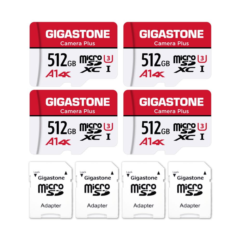 GIGASTONE 512GB Micro SD Card 4-Pack, Camera Plus, GoPro, Action Camera, Sports Camera, A1 Run App for Smartphone, 100MB/s, 4K Video Recording, Micro SDXC UHS-I A1 U3 Class 10