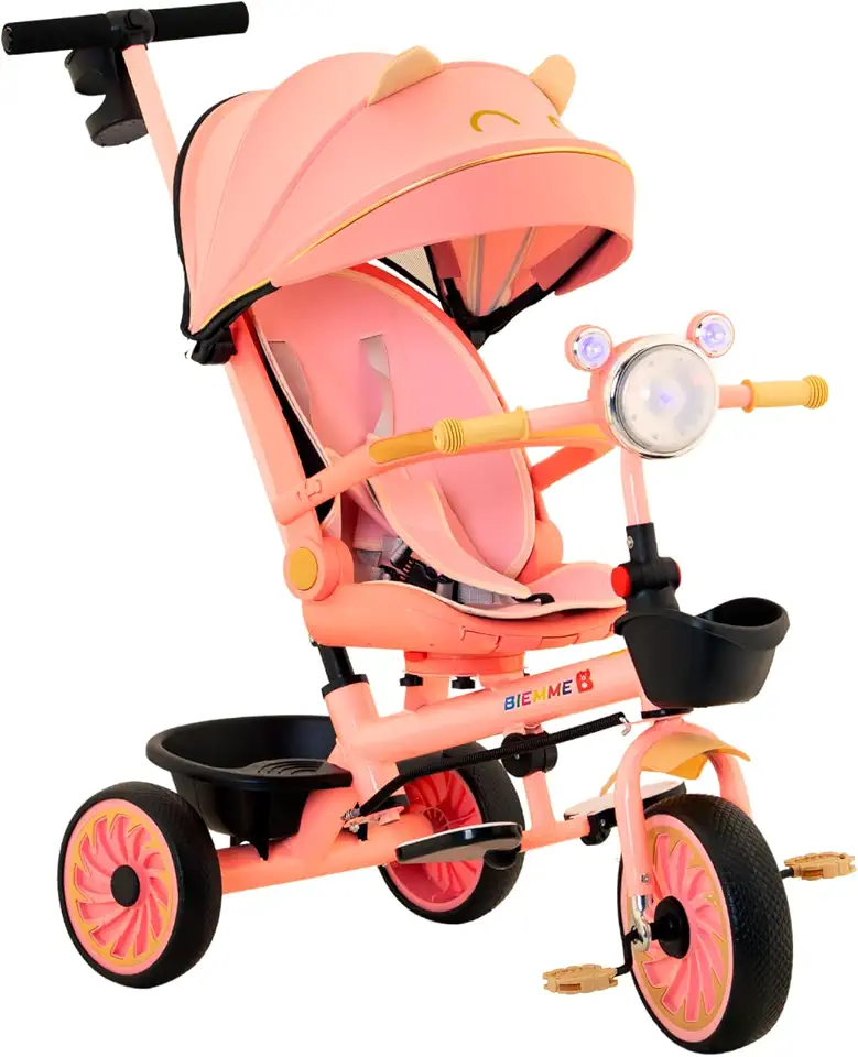 BIEMME Triciclo Infantil Teddy, Rosa, com Cobertura Solar, Pedal e Empurrador para Crianças