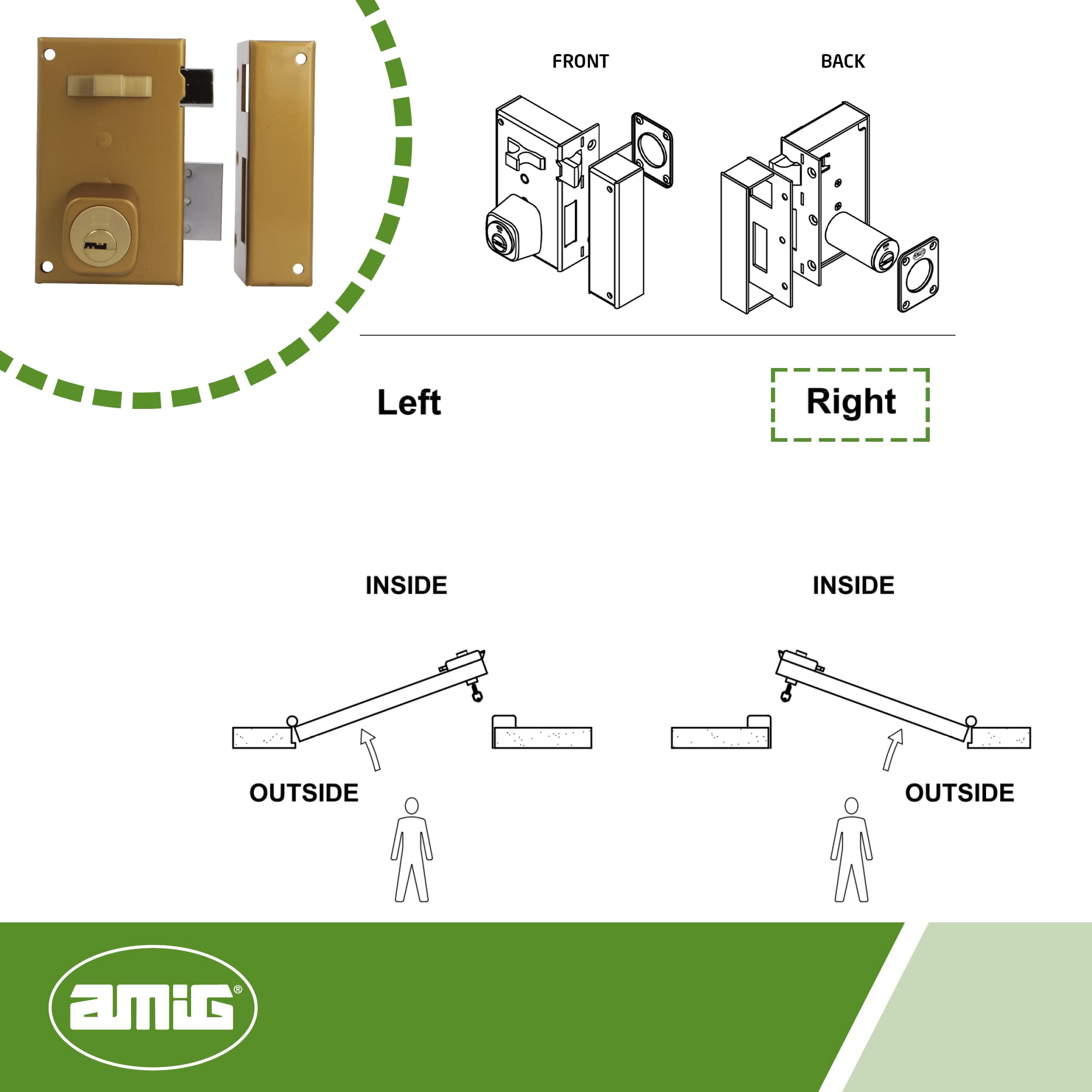 Amig - Verrou de suralimentation droite avec levier de fermeture, languette et poignée pour porte en bois Mod. 75 | 67 x 112 mm | Cylindre rond de sécurité | Acier doré