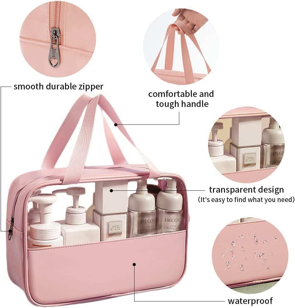 Image of Waterproof Toiletry Bag for Men and Women Travel Toiletry Bag Transparent Makeup Bag Hanging Cosmetic Organizer Bag (Set of 3 Bag) (Pink)