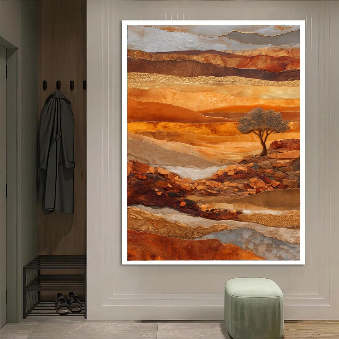 XBTYKPB Paisaje en tonos tierra cálidos, cuadro de escena desértica en lienzo, pintura de árboles y colinas rocosas, decoración natural con textura, listo para colgar (60x90cm/marco interior).