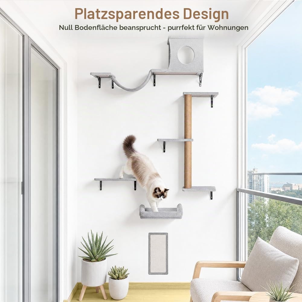 PawGiant 5-in-1 Kletterwand Katzen Set, Stabiles Holz Katzen Wandelemente mit Kratzbaum Wand, Kratzbrett, Katzenhöhle, Hängebrücke und Ruhe, bis 18 kg, Hellgrau