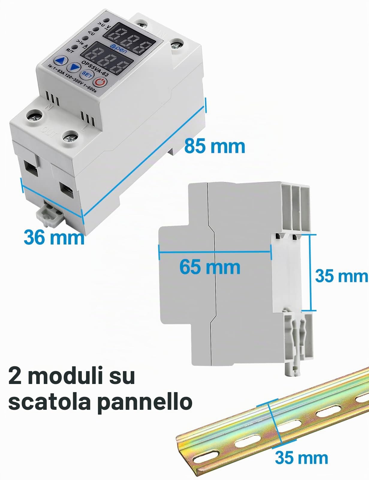 Relè Automatico di Protezione Sovratensione 230VAC 63a,Protettore di corrente di tensione Monofase,Recupero della Tensione Guida Din